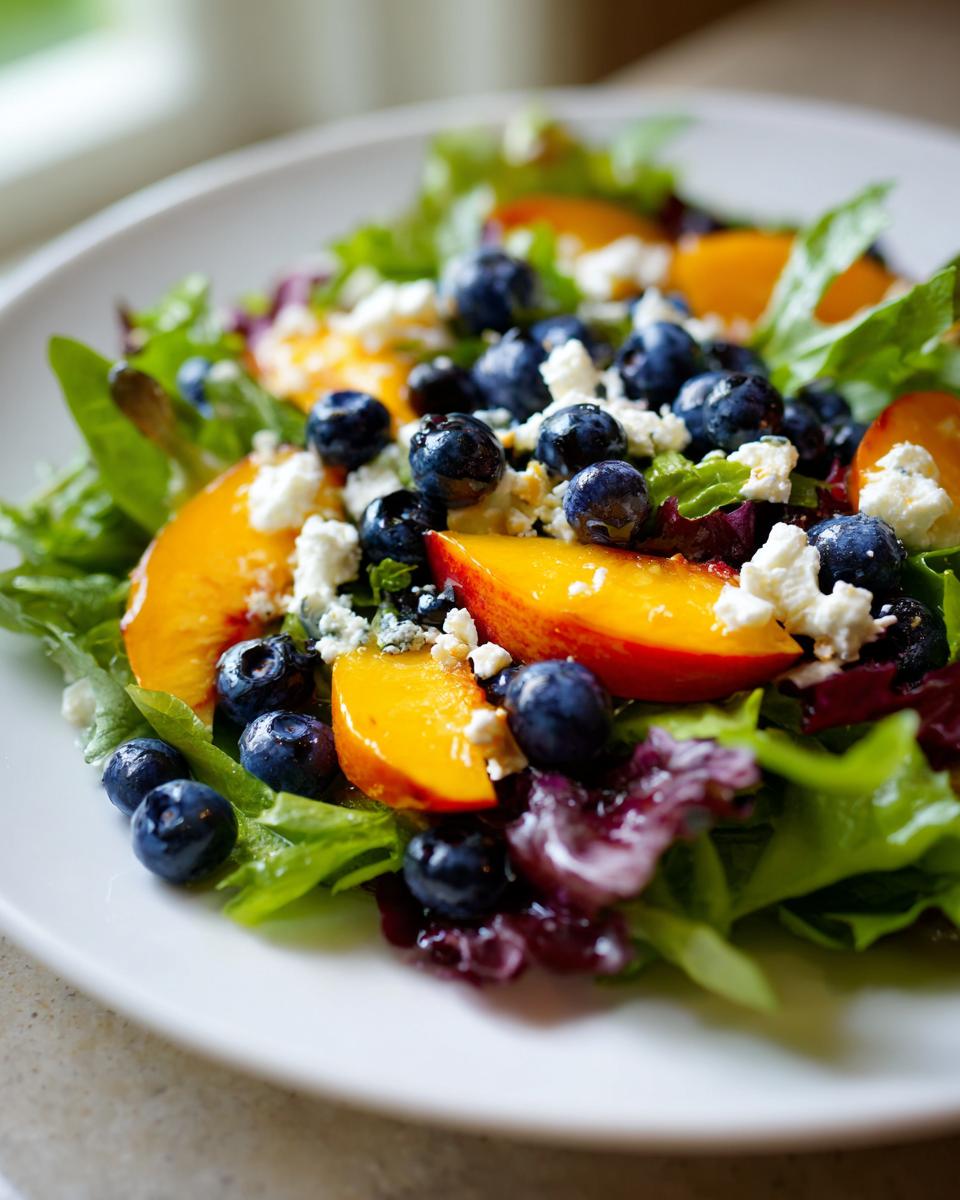 Close-up of a fresh blueberry peach feta salad featuring bright orange peach slices, dark blueberries, and crumbled white feta cheese over mixed greens.