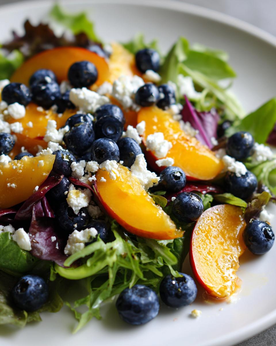 A vibrant close-up of a fresh blueberry peach feta salad featuring mixed greens, bright orange peach slices, dark blueberries, and crumbled white feta cheese.