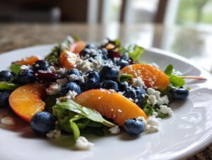Close-up of a vibrant blueberry peach feta salad featuring fresh greens, sliced peaches, blueberries, and crumbled feta cheese.