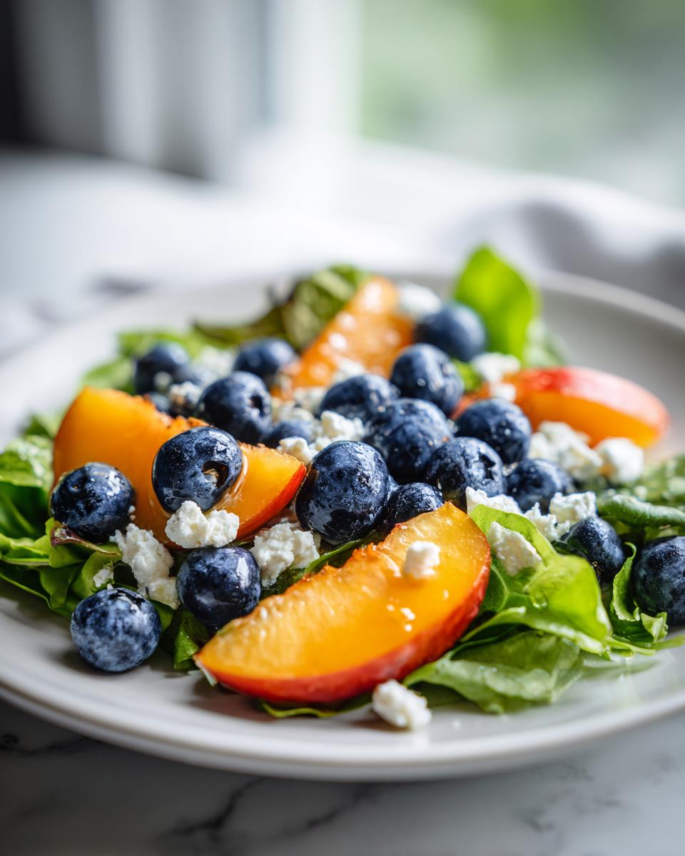 Close-up of a vibrant blueberry peach feta salad featuring fresh blueberries, sliced peaches, and crumbled feta over greens.
