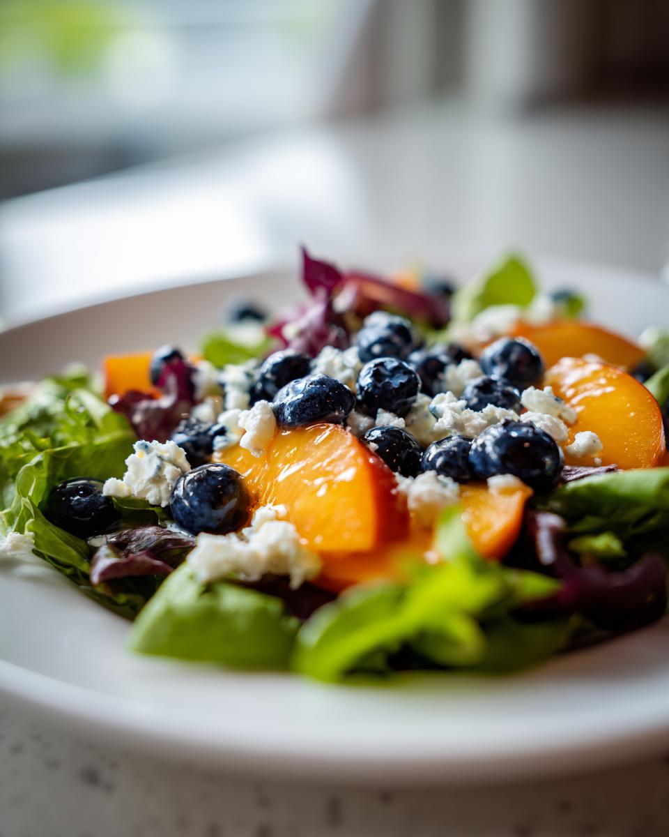 A close-up, vibrant shot of a blueberry peach feta salad featuring fresh greens, bright orange peach slices, blueberries, and crumbled feta cheese.