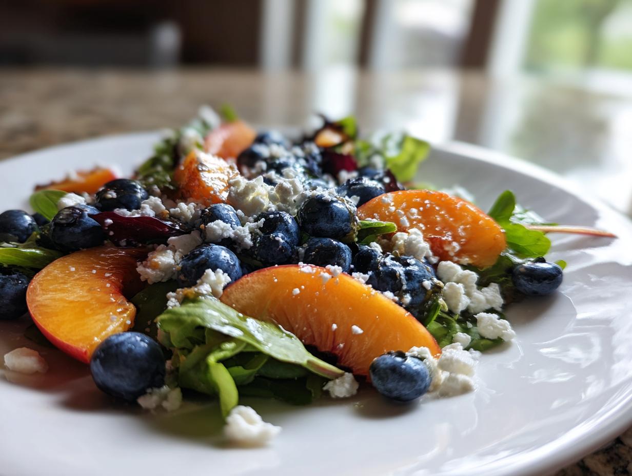 Close-up of a vibrant blueberry peach feta salad featuring fresh greens, sliced peaches, blueberries, and crumbled feta cheese.