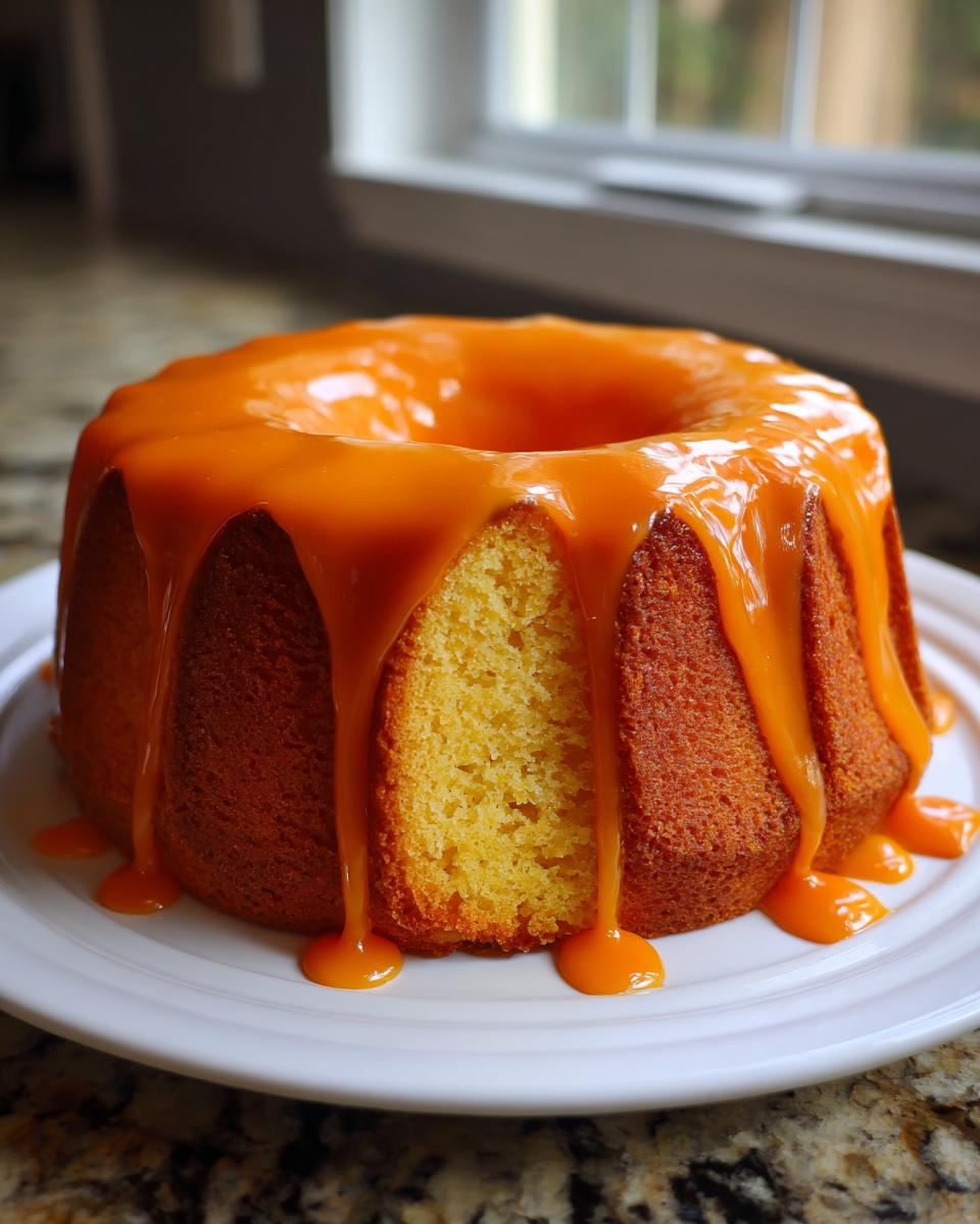 A bundt-style brenda gantt orange slice cake covered in a thick, dripping orange glaze.