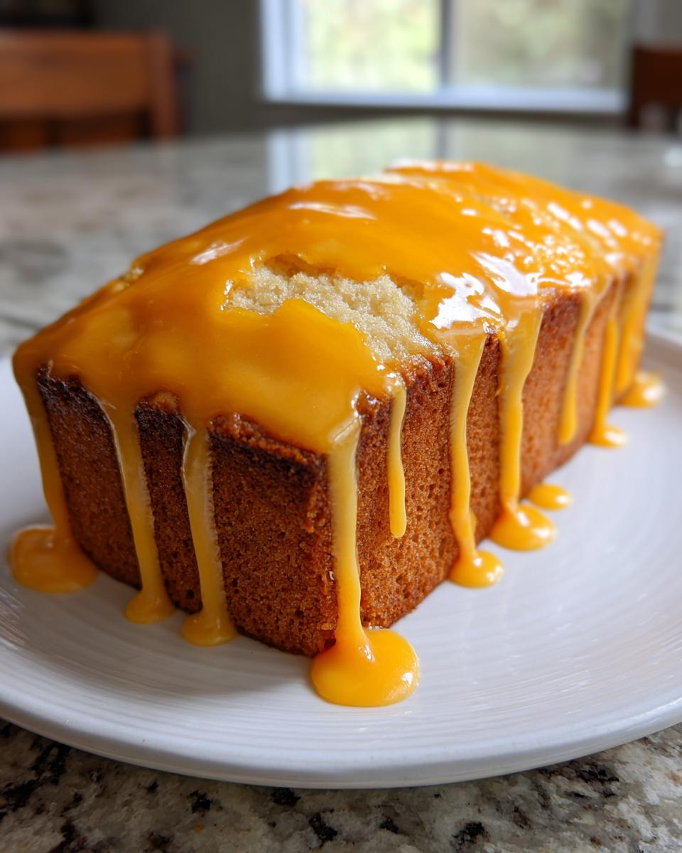 A loaf of brenda gantt orange slice cake generously topped with bright orange glaze dripping down the sides.