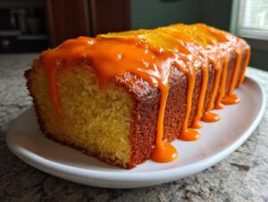 A loaf of the brenda gantt orange slice cake, drizzled with bright orange glaze and topped with candied orange slices.