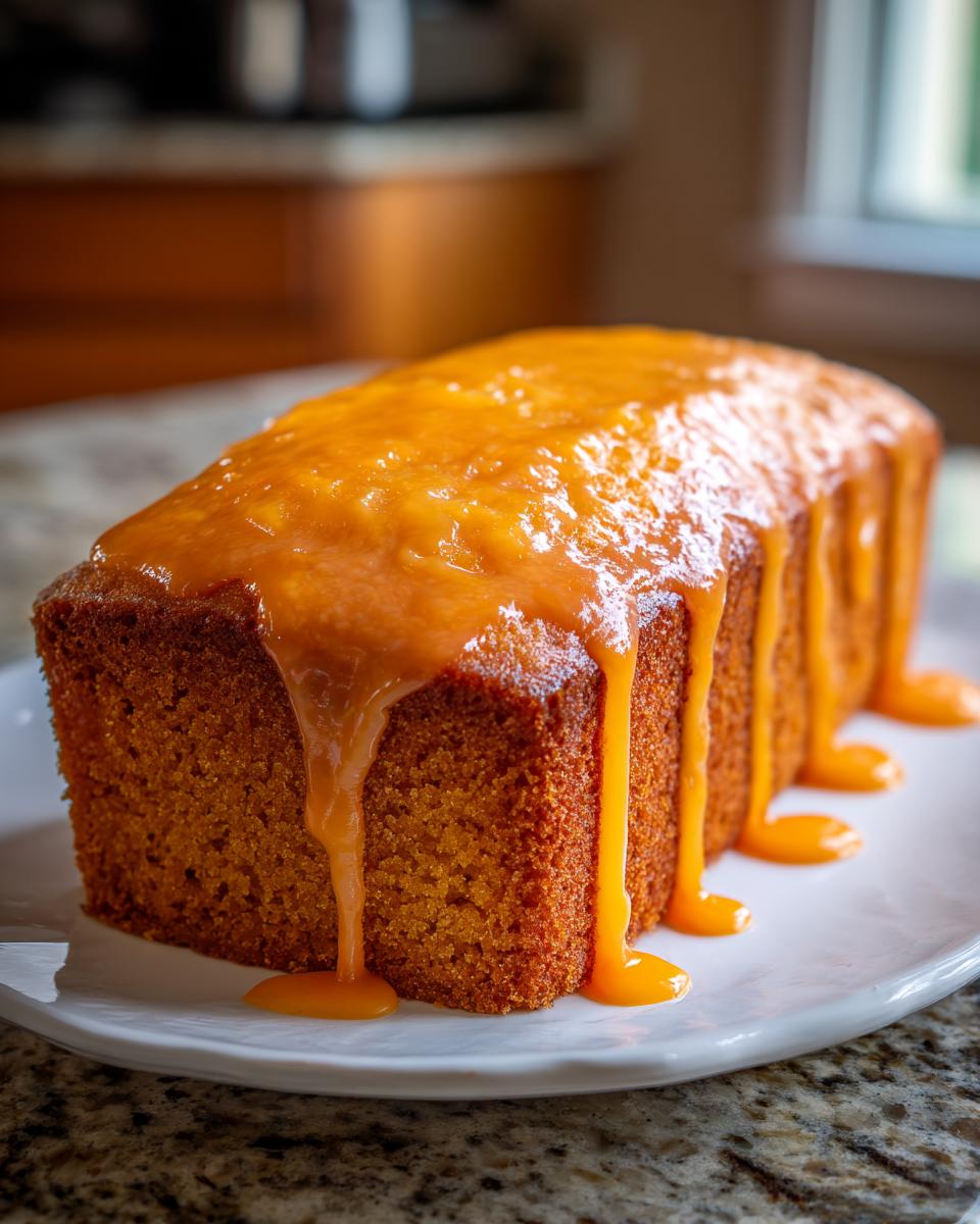 A close-up of the amazing brenda gantt orange slice cake baked in a loaf pan, generously covered in dripping orange glaze.
