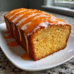 A moist loaf of Brenda Gantt Orange Slice Cake drizzled with white icing and orange glaze.