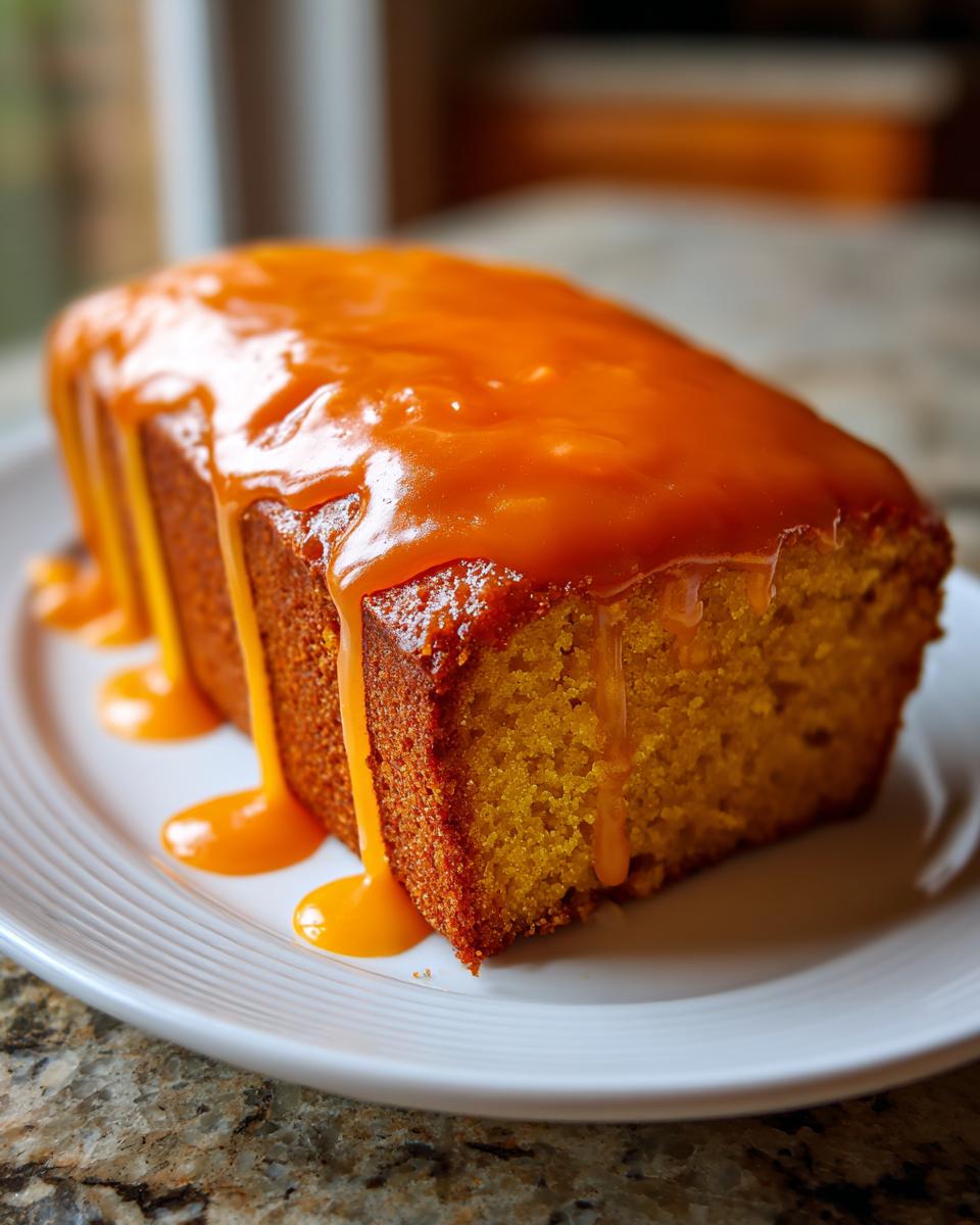 A loaf of moist brenda gantt orange slice cake topped with a thick, dripping orange glaze.