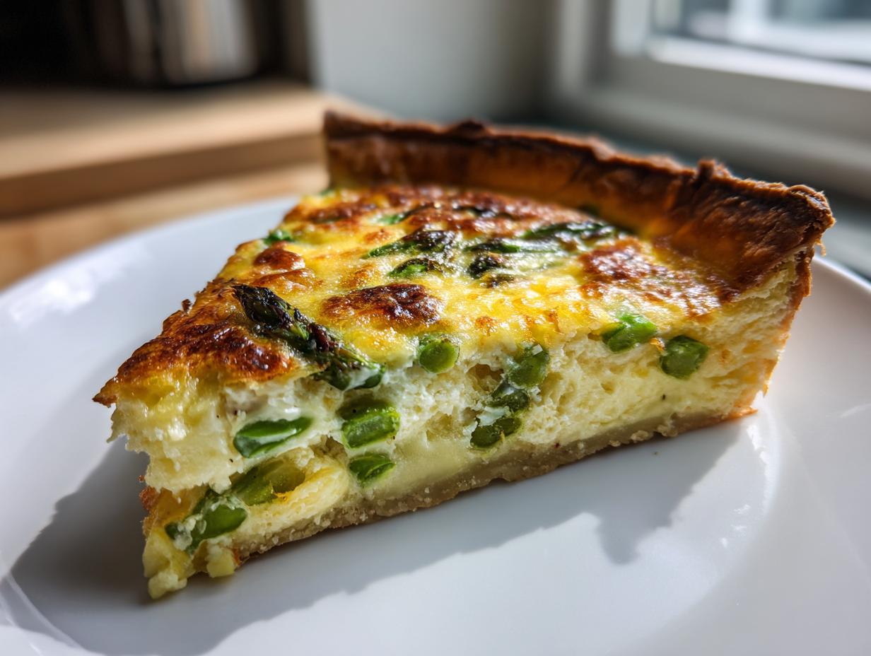 A close-up slice of brilliant asparagus quiche showing a creamy filling, green asparagus, and peas, set against a white plate.