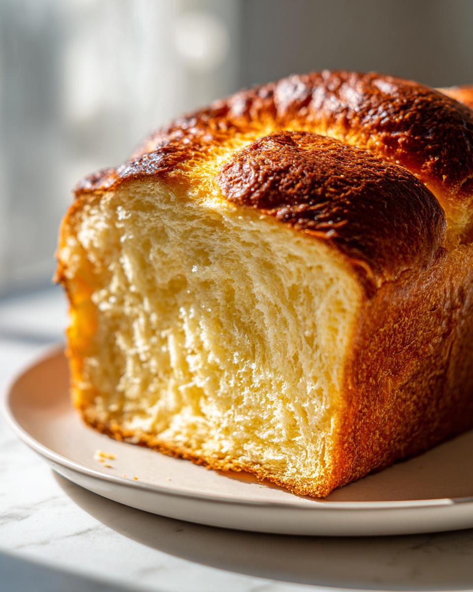 Close-up of a slice of golden brown brioche bread showing its soft, yellow, and fluffy interior texture.