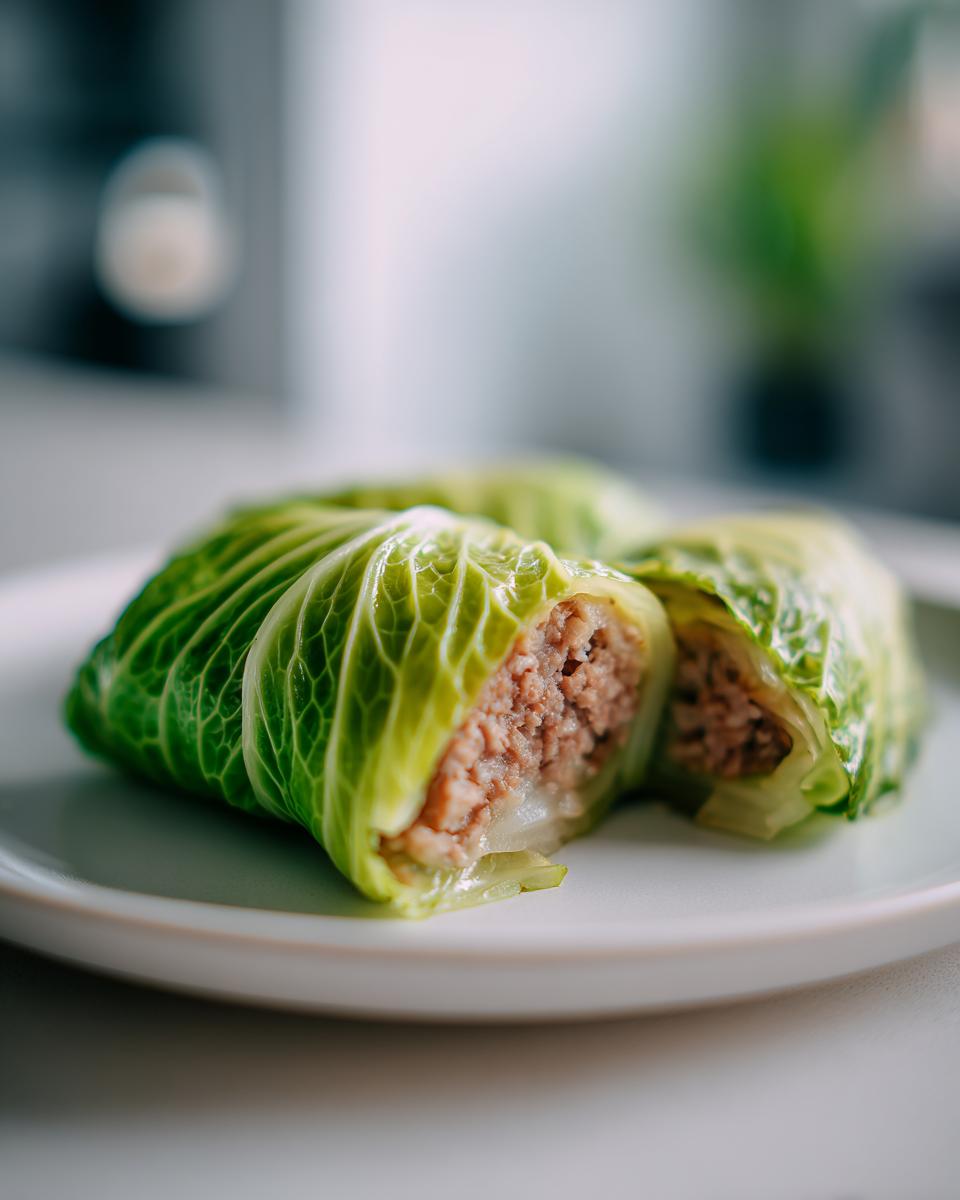 Close-up of two cabbage dumplings, one cut open revealing the savory meat filling inside the steamed cabbage leaves.