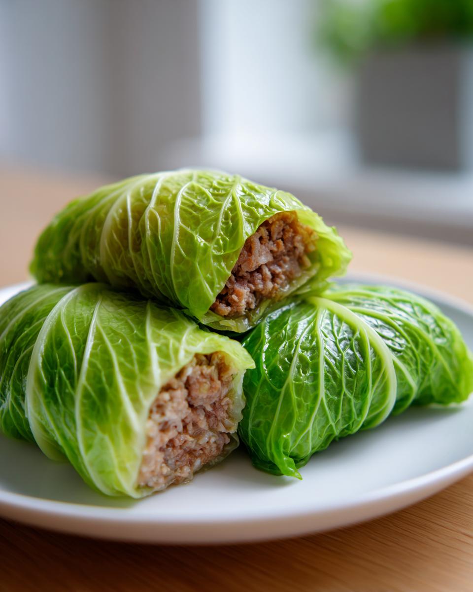 Three freshly made cabbage dumplings stacked on a white plate, one cut open showing the savory meat filling.