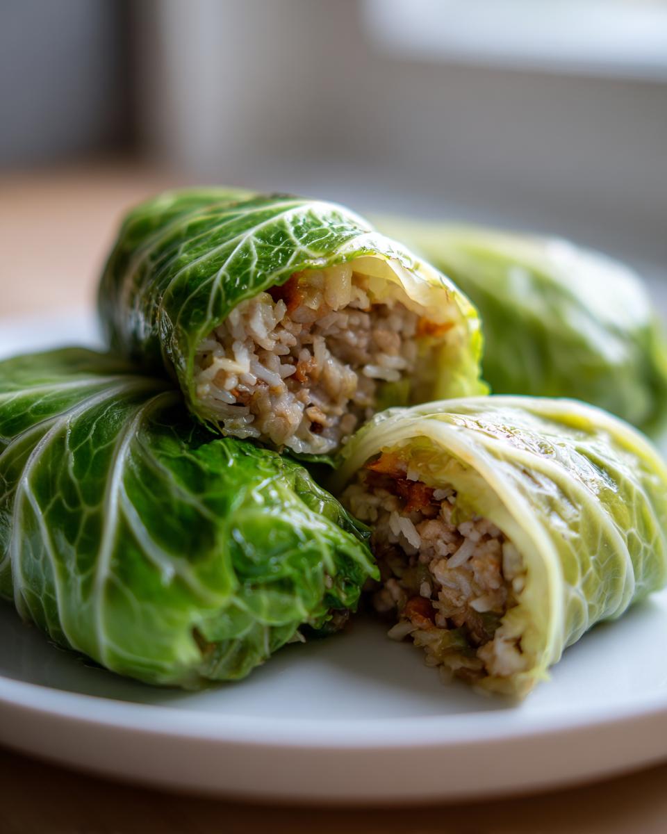 Close-up view of three cabbage dumplings, one cut open to show the rice and meat filling inside the green cabbage leaf.