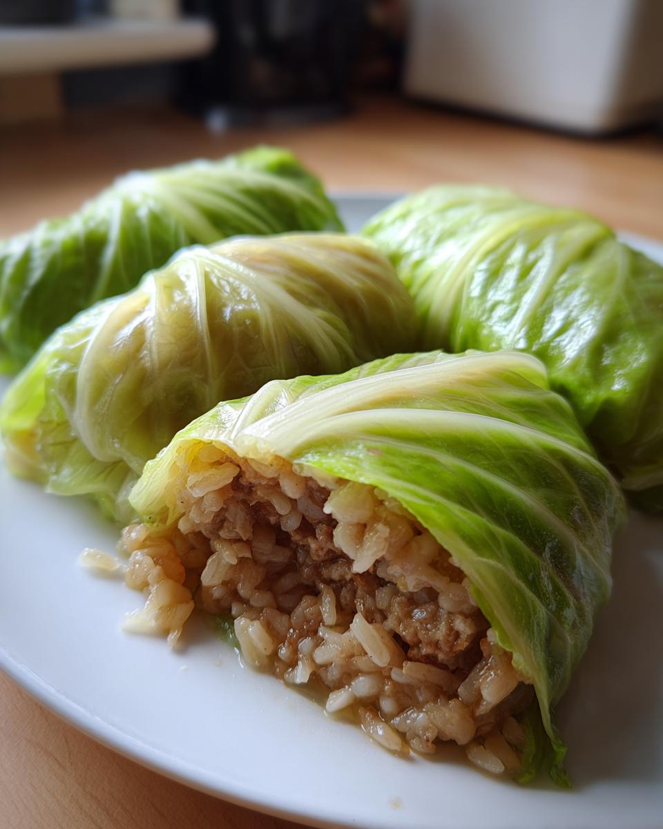 Close-up of cooked cabbage dumplings showing the rice and meat filling inside the bright green cabbage wrapper.