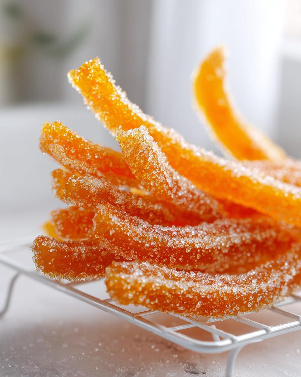 Close-up of bright orange candied orange peel sticks heavily coated in sparkling white sugar, resting on a small cooling rack.