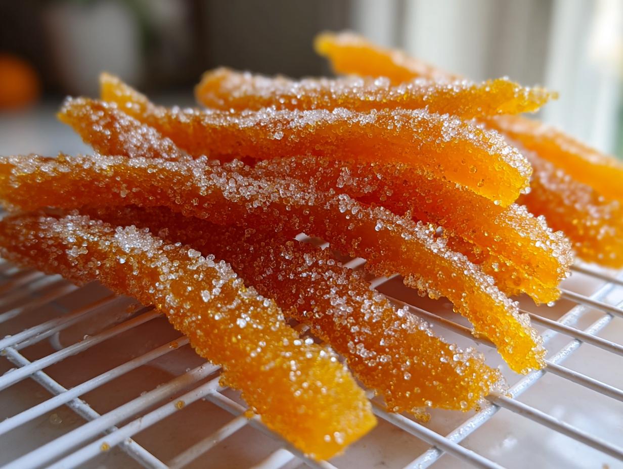 Close-up of freshly made candied orange peel strips heavily coated in sparkling sugar crystals, resting on a cooling rack.