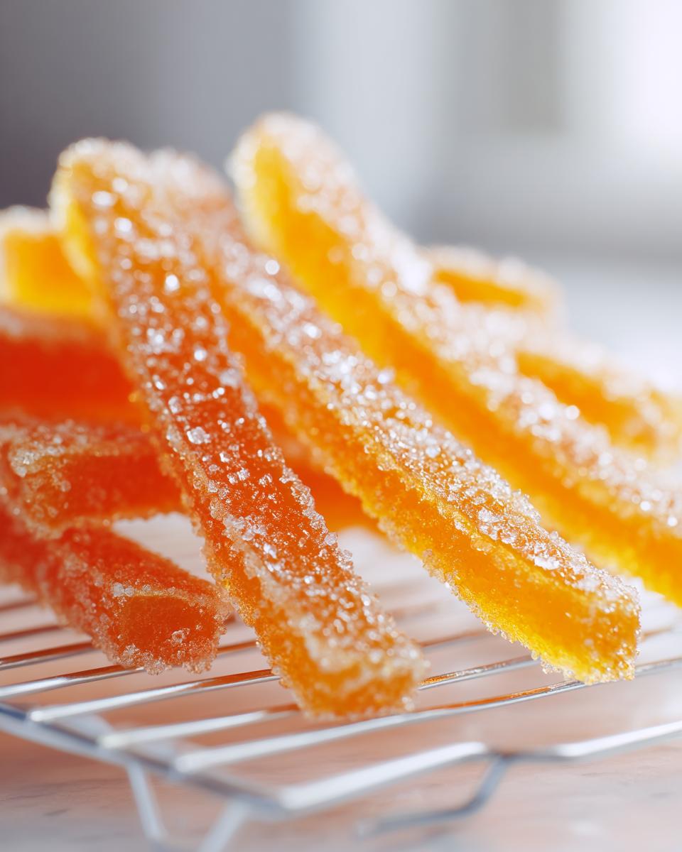 Close-up of bright orange candied orange peel strips heavily coated in sparkling sugar crystals resting on a wire cooling rack.