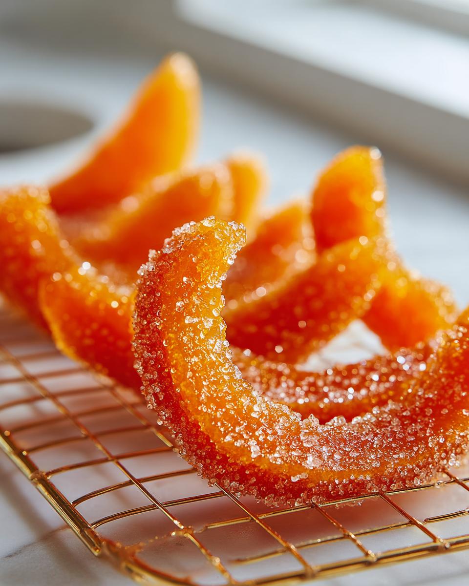 Close-up of bright orange candied orange peel heavily coated in sparkling sugar crystals resting on a small gold wire cooling rack.
