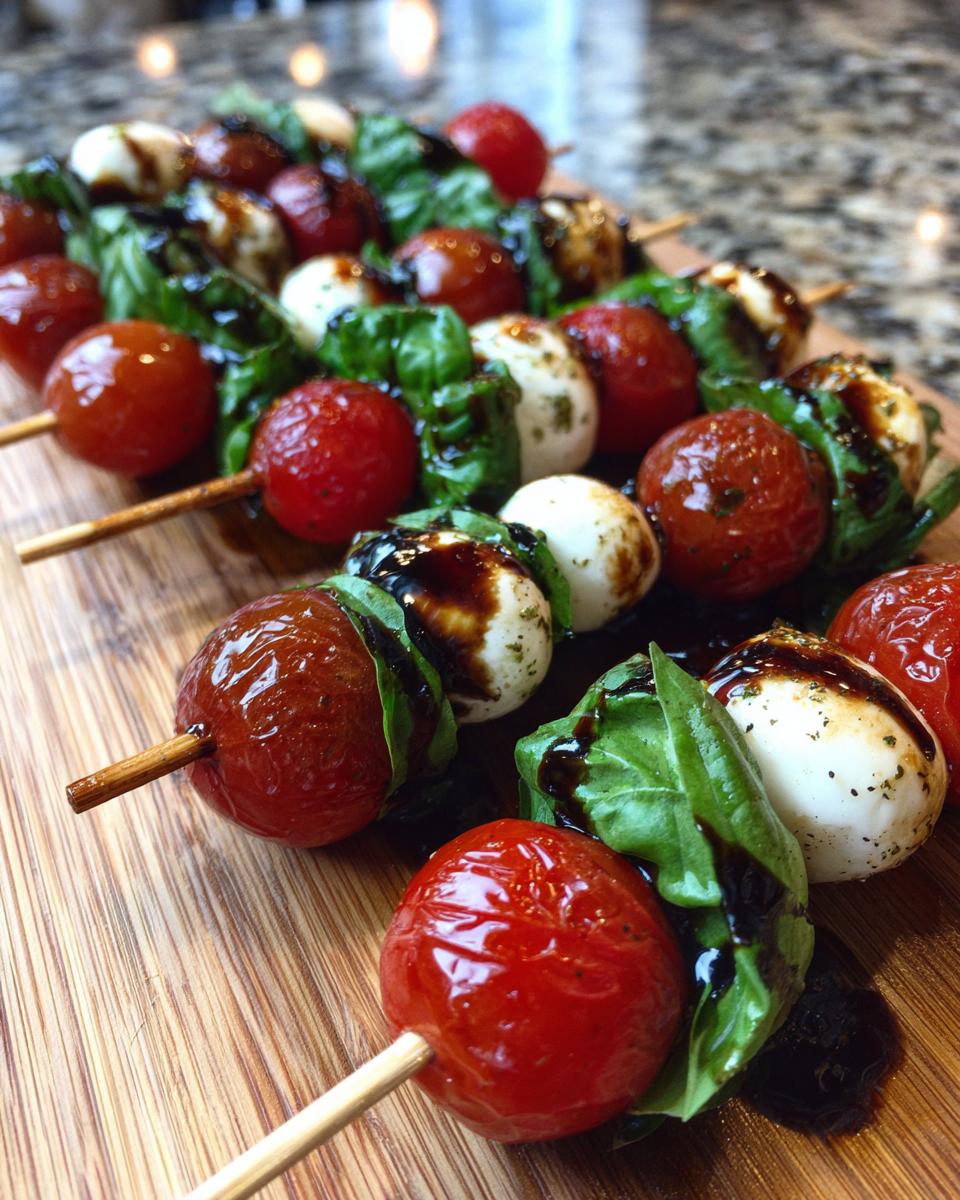 Close-up of several Caprese skewers featuring cherry tomatoes, mozzarella balls, and basil, drizzled with balsamic glaze.