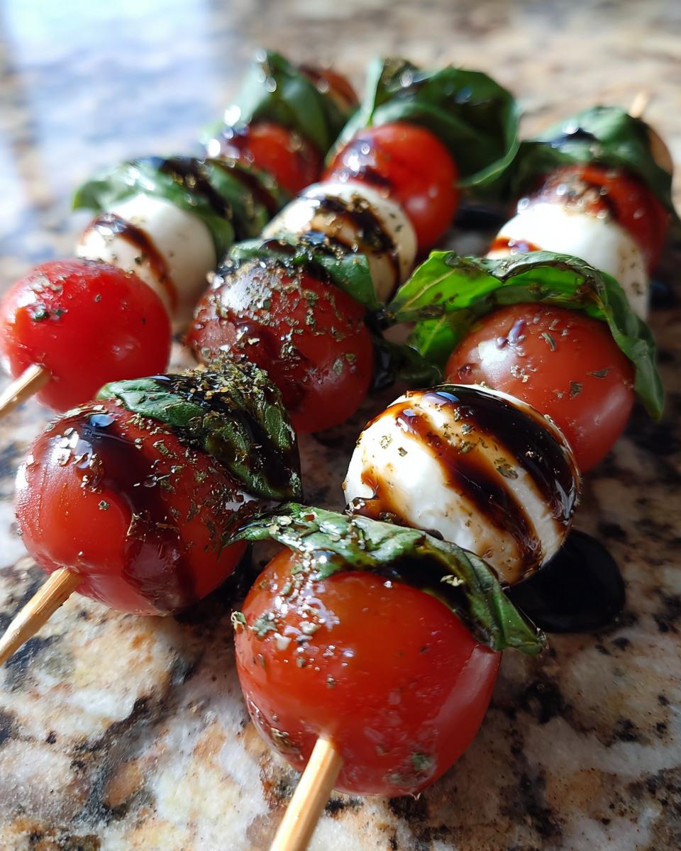 Close-up of several caprese skewers featuring cherry tomatoes, mozzarella balls, basil, and balsamic glaze.