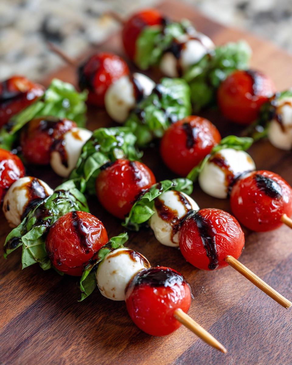 Close-up of several caprese skewers featuring cherry tomatoes, mozzarella balls, basil, and a balsamic glaze drizzle.