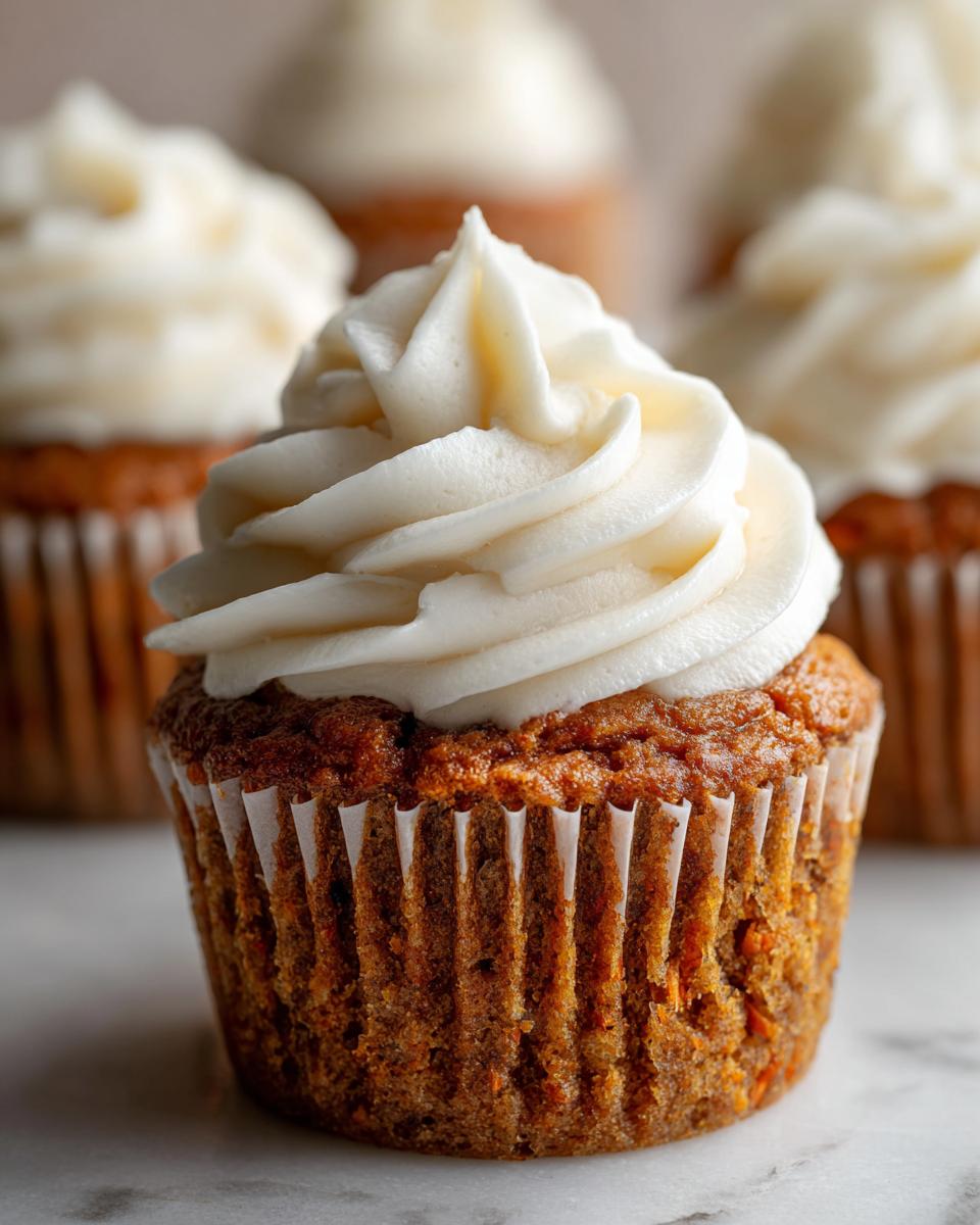 A close-up of a perfectly baked carrot cake cupcakes topped with a swirl of thick cream cheese frosting.