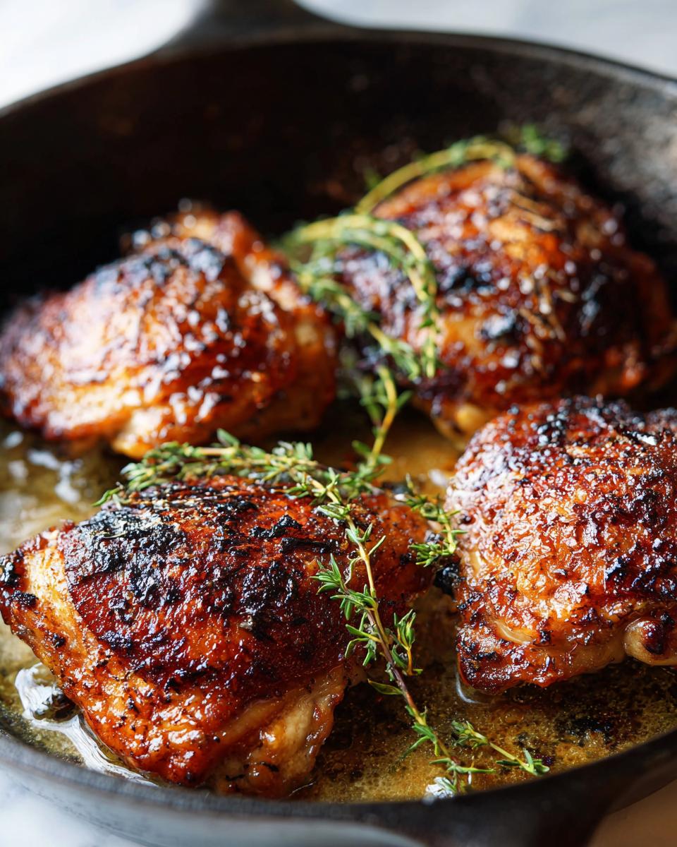 Four crispy, glazed cast iron skillet chicken thighs cooking in rendered fat, garnished with fresh thyme sprigs.