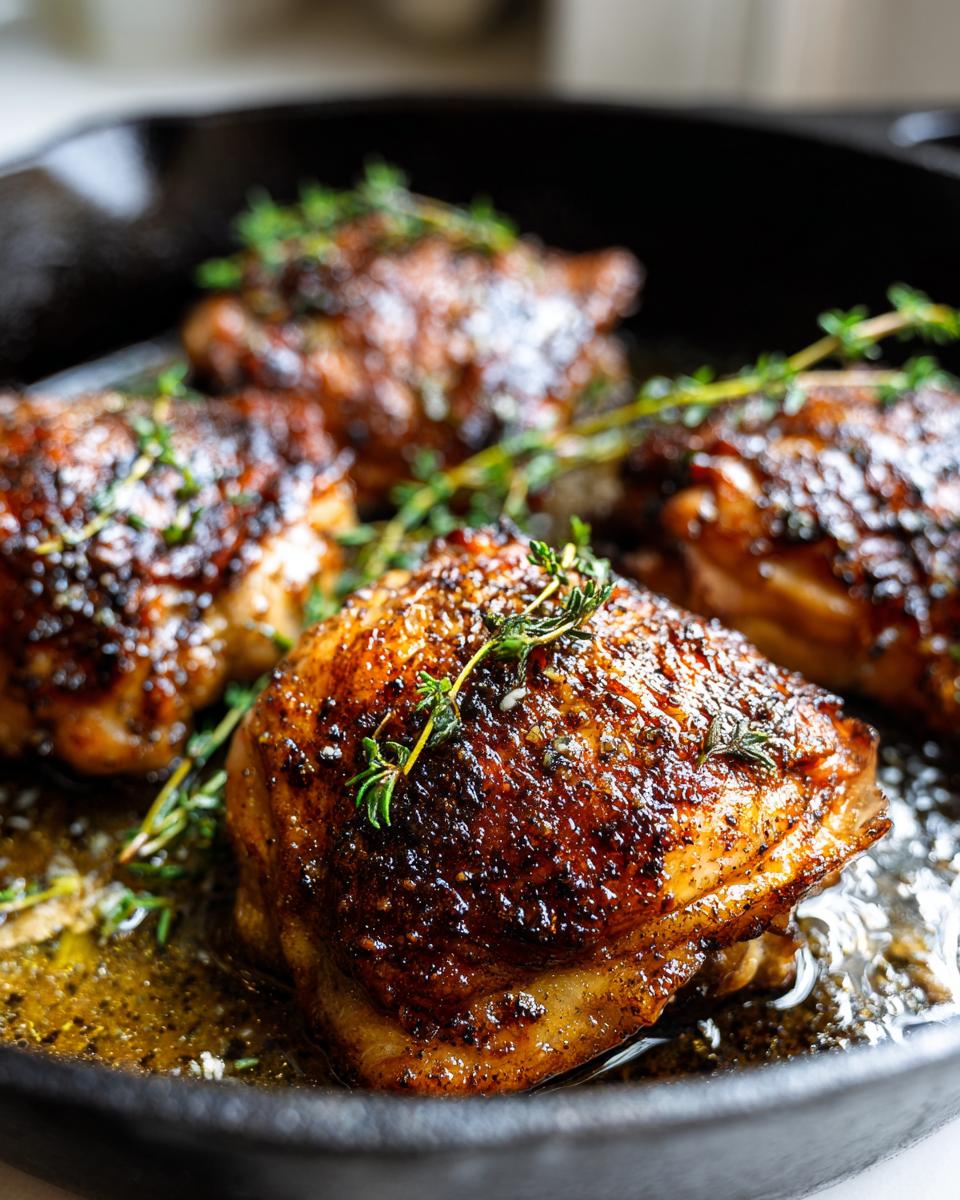 Close-up of perfectly seared cast iron skillet chicken thighs with crispy skin, garnished with fresh thyme sprigs.