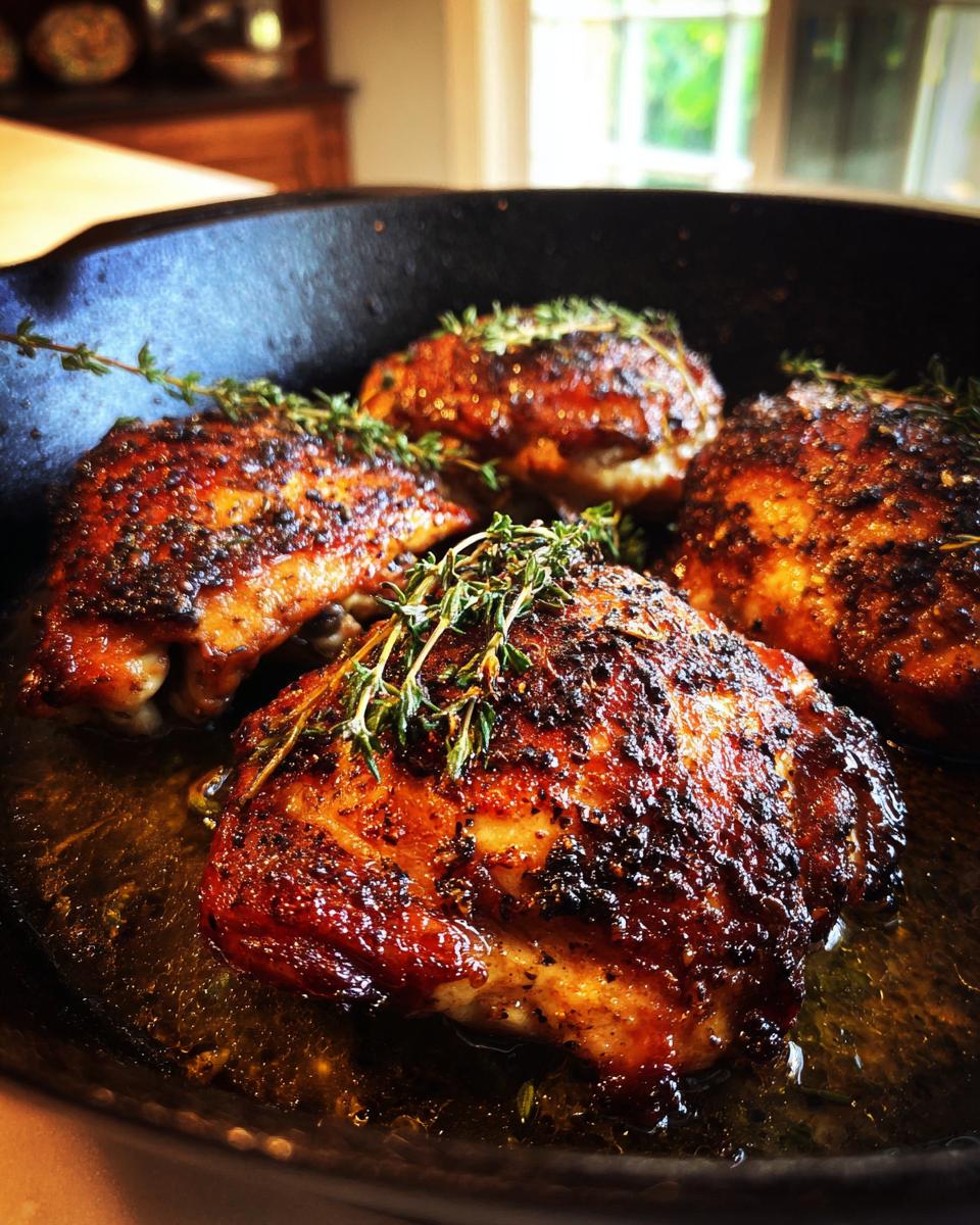Four beautifully browned cast iron skillet chicken thighs cooking in savory juices, topped with fresh thyme sprigs.