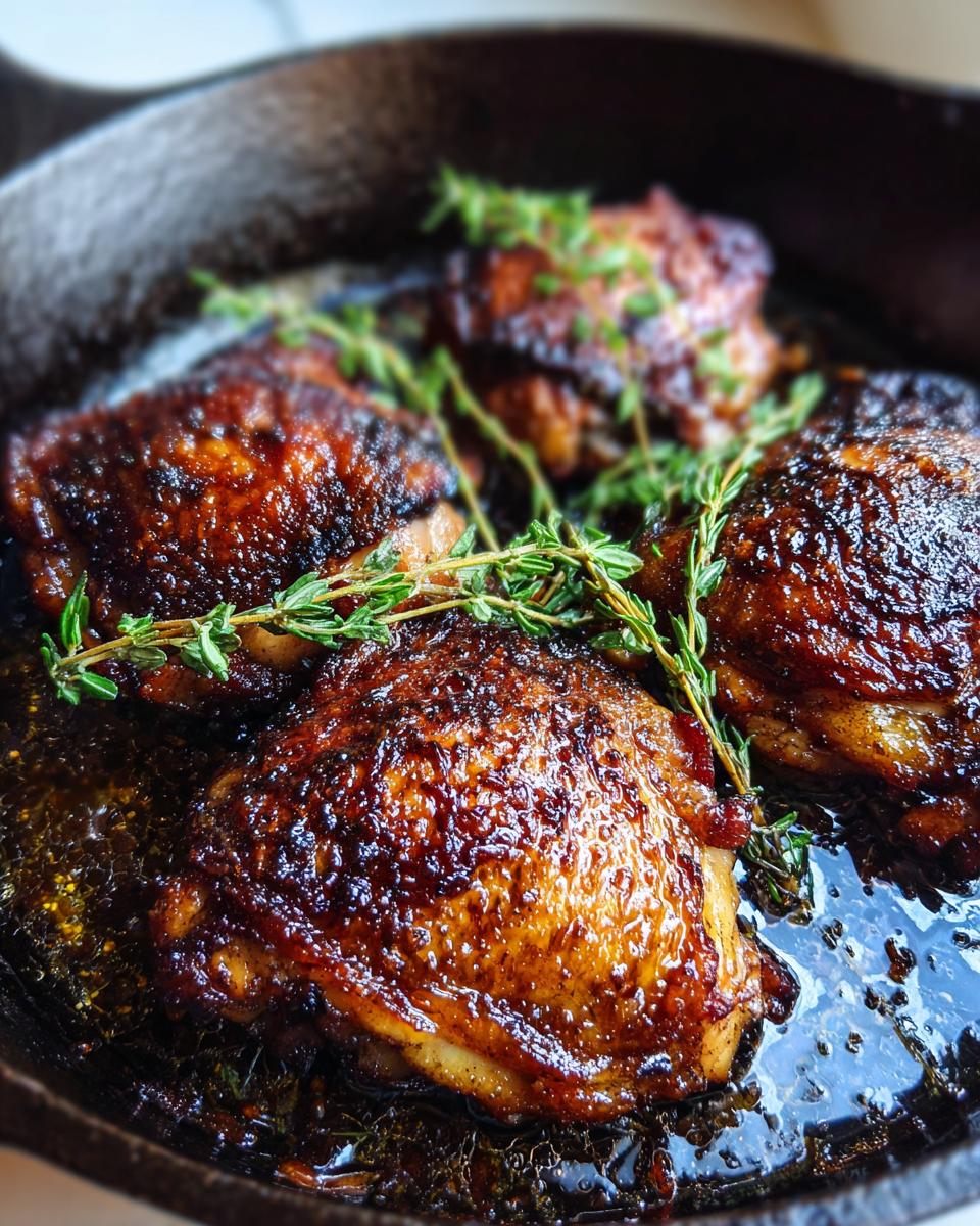 Four perfectly seared cast iron skillet chicken thighs with crispy, dark glaze resting in pan juices and garnished with fresh thyme sprigs.
