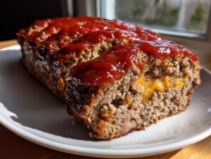 A close-up of a baked cheeseburger meatloaf loaf with a slice cut out, revealing melted cheddar cheese inside and topped with a shiny ketchup glaze.