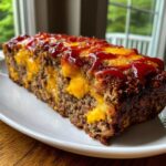 A thick slice of cheeseburger meatloaf, stuffed with melted cheddar cheese and topped with ketchup.