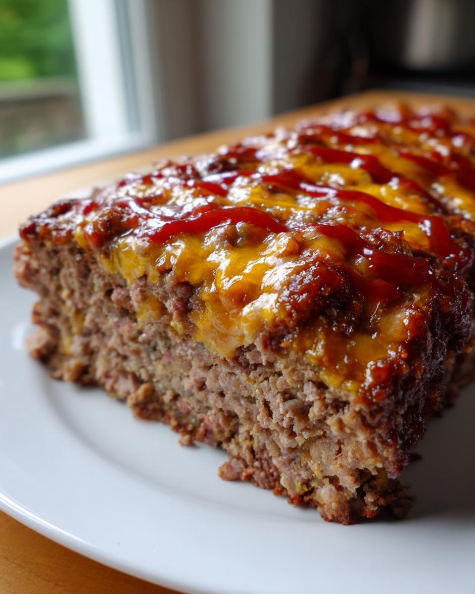 A thick slice of juicy cheeseburger meatloaf topped with melted cheddar cheese and a drizzle of ketchup.