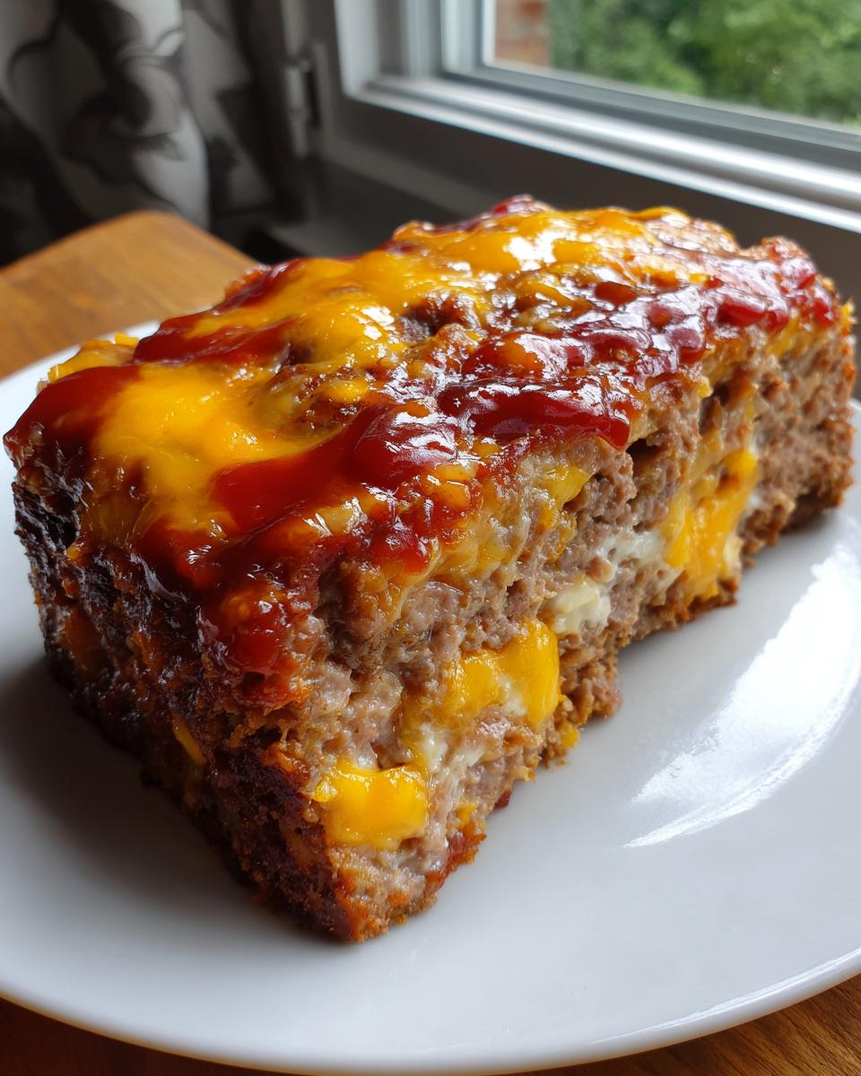 A thick slice of cheeseburger meatloaf topped with melted cheddar cheese and ketchup, served on a white plate.