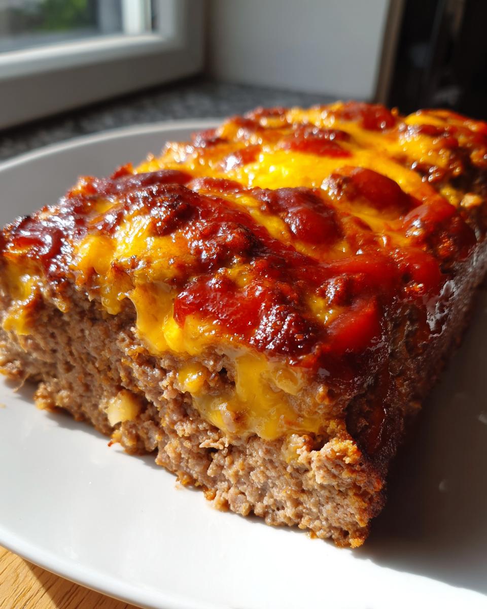 Close-up of a thick slice of cheeseburger meatloaf topped with melted cheddar cheese and a savory glaze.