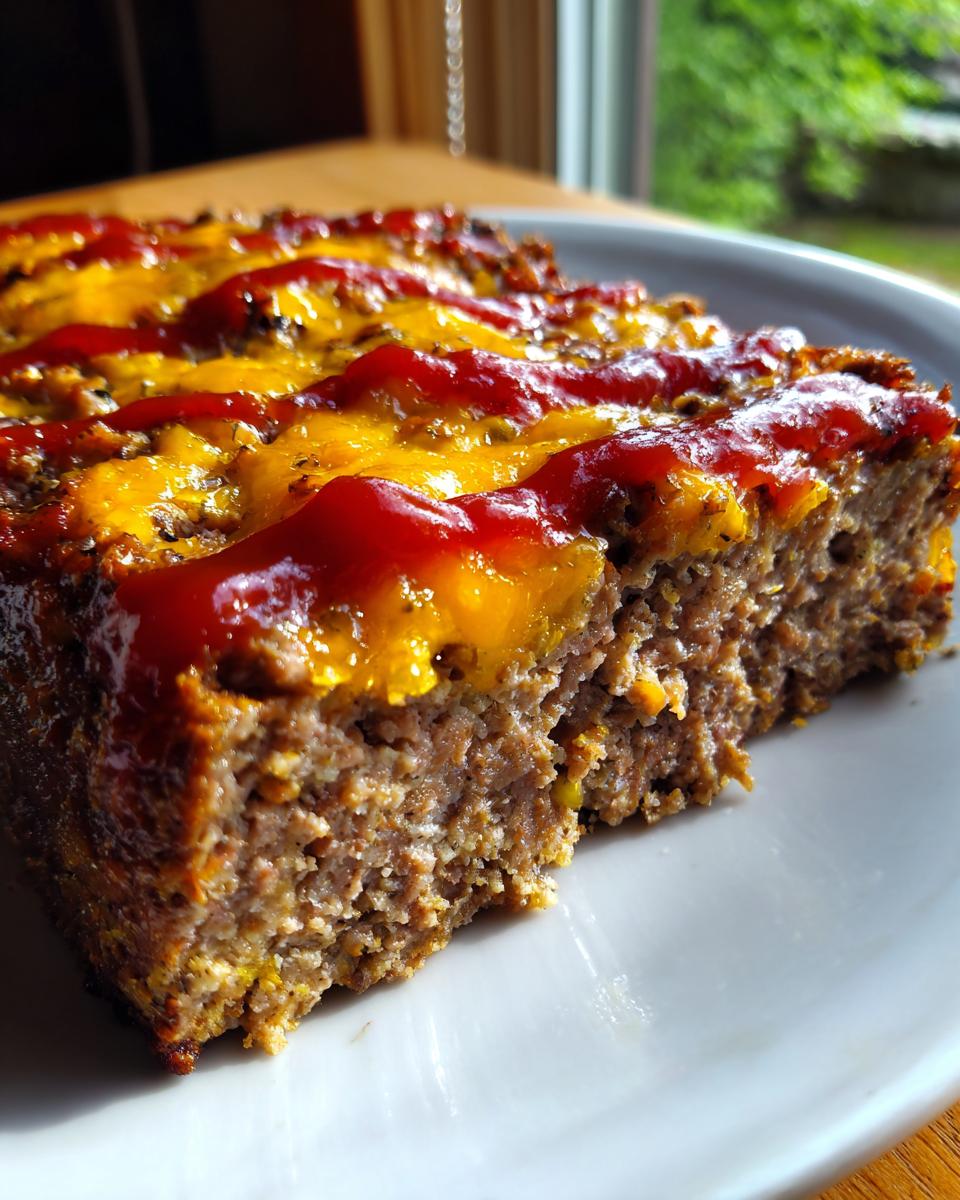 A thick slice of juicy cheeseburger meatloaf topped with melted cheddar cheese and zig-zags of ketchup.
