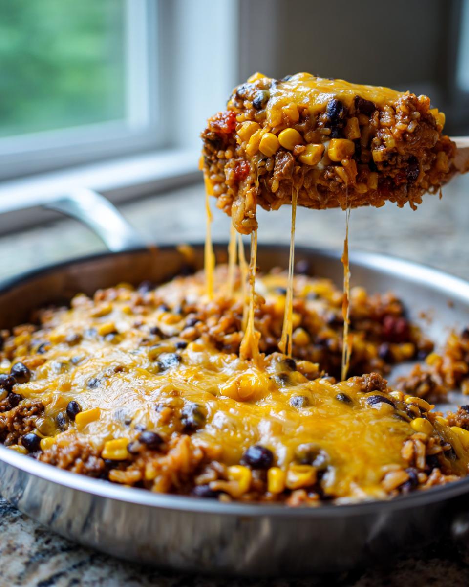 A wooden spoon lifts a cheesy scoop of ground beef and rice skillet, showing melted cheese strings.