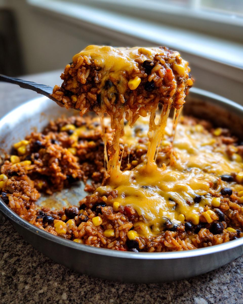 A spoonful of cheesy ground beef and rice skillet lifted from the pan, showing melted cheese strings.