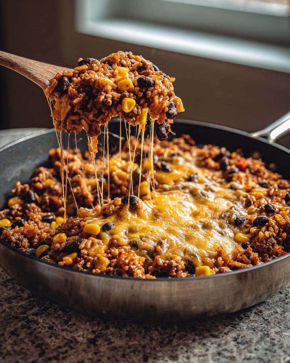 A wooden spoon lifts a cheesy portion of ground beef and rice skillet, showing melted cheese strings.
