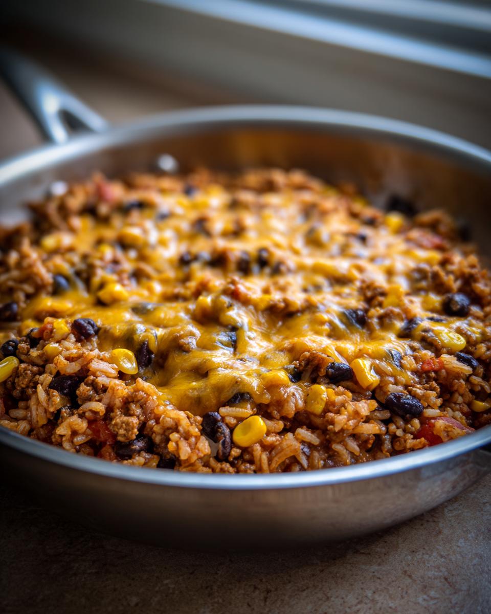 Close-up of a delicious ground beef and rice skillet topped with melted cheddar cheese, black beans, and corn.