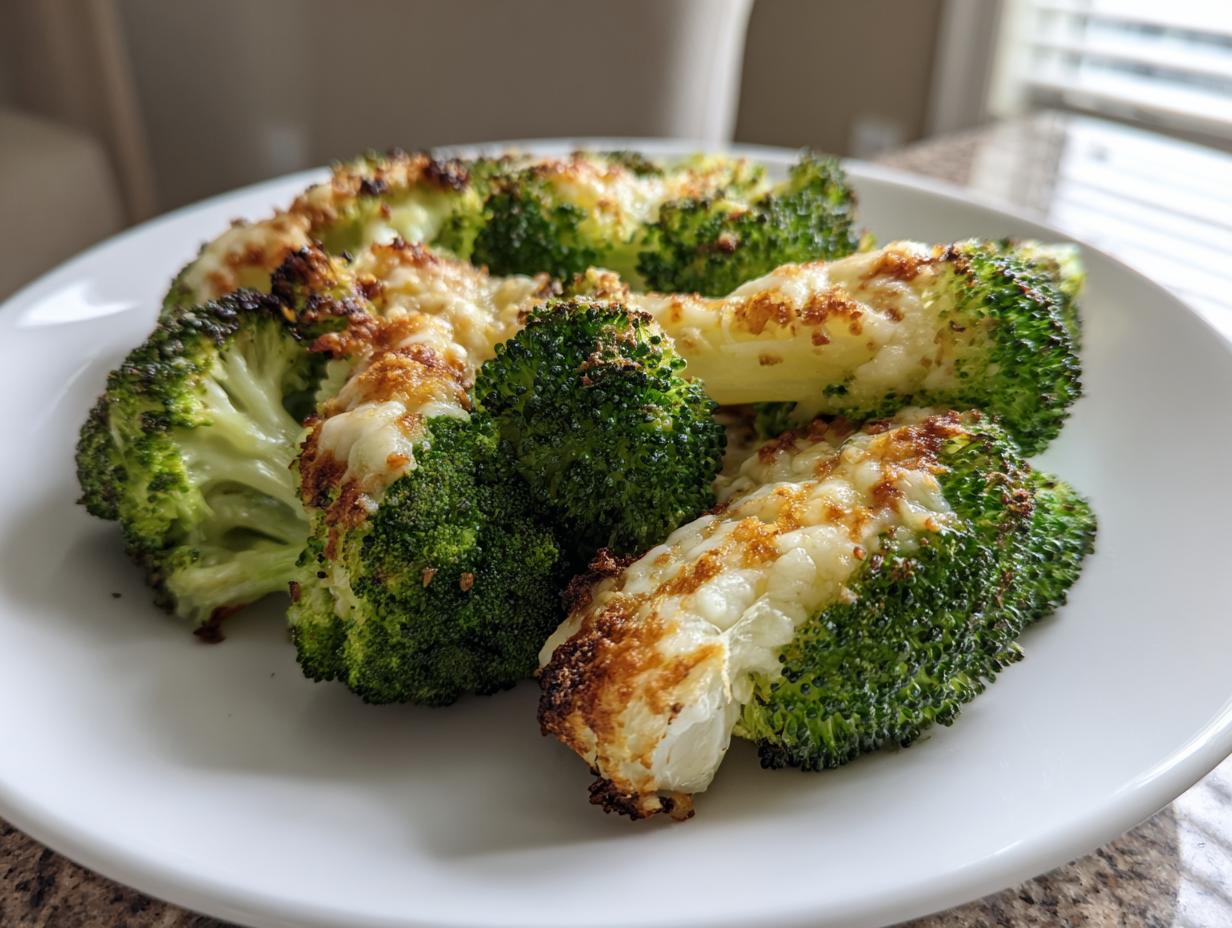Close-up of cheesy roasted broccoli florets, perfectly charred and melted, served on a white plate.