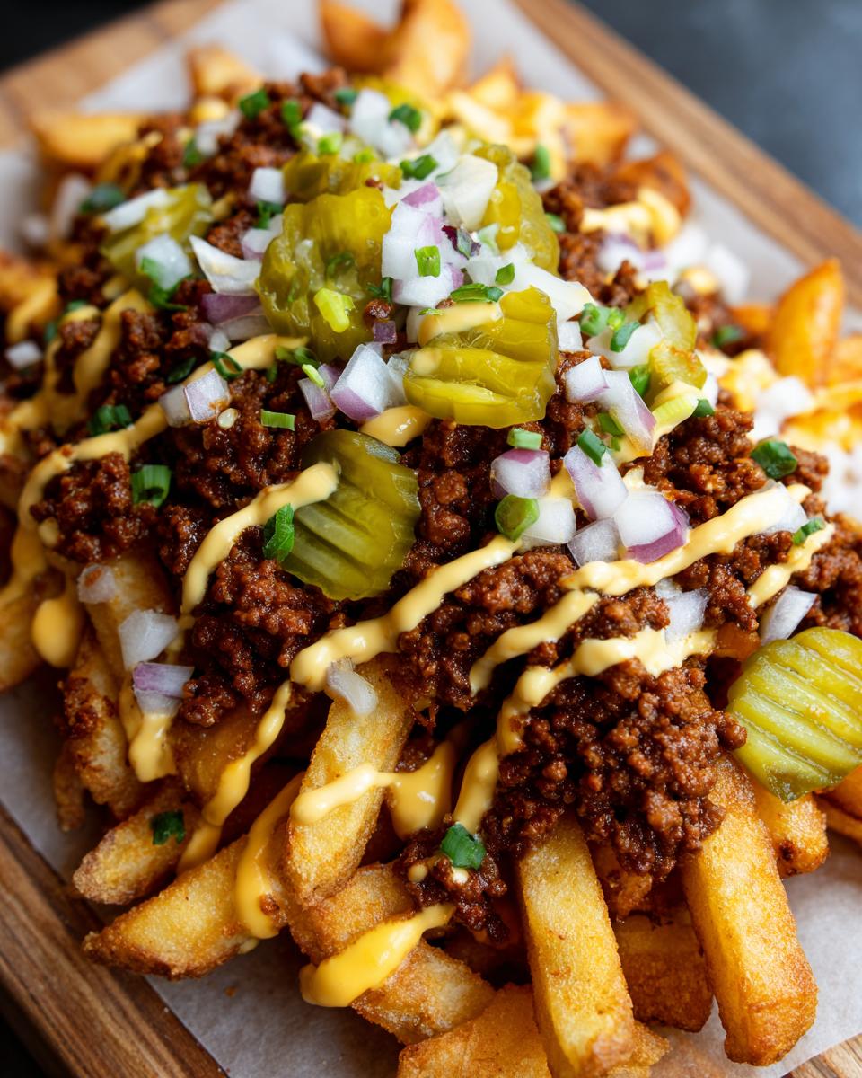 Close-up of golden french fries loaded with chili, cheese sauce, diced onions, and pickle chips, representing cheesy smashburger fries.
