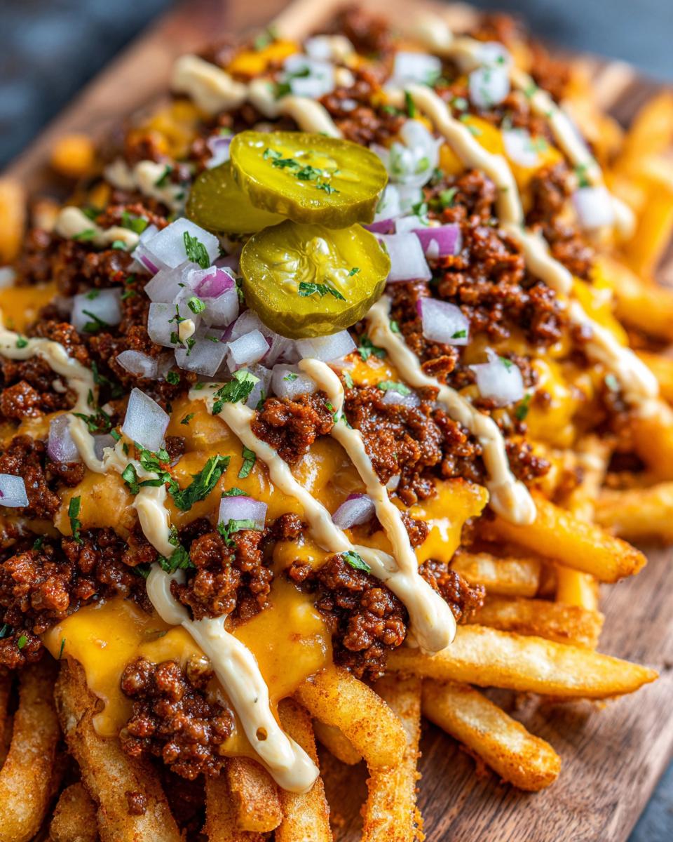 Close-up of loaded cheesy smashburger fries topped with chili, sauce, pickles, and diced onions.
