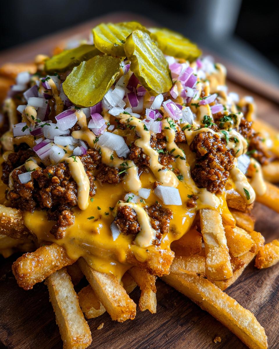 A close-up of loaded cheesy smashburger fries topped with ground meat, cheese sauce, diced red onion, and pickle slices.