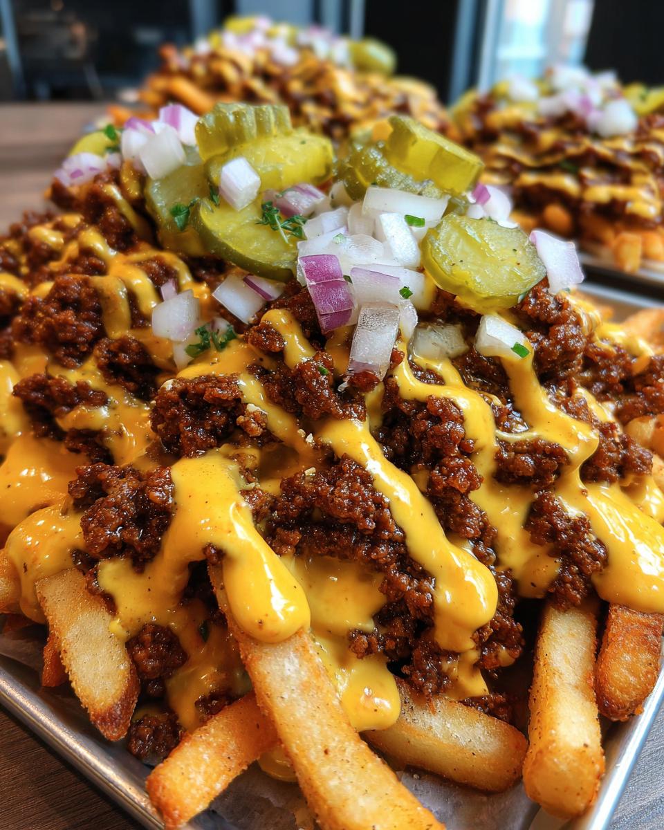 Close-up of golden french fries loaded with savory meat, melted cheese sauce, pickles, and diced onions for amazing cheesy smashburger fries.