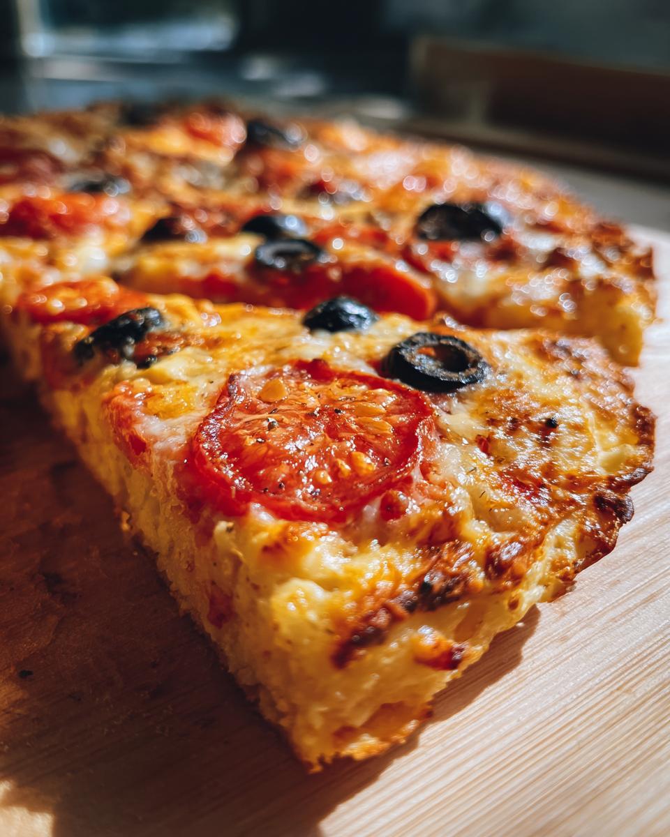 A close-up, side view of a thick slice of tortilla pizzas topped with melted cheese, tomato slices, and black olives.