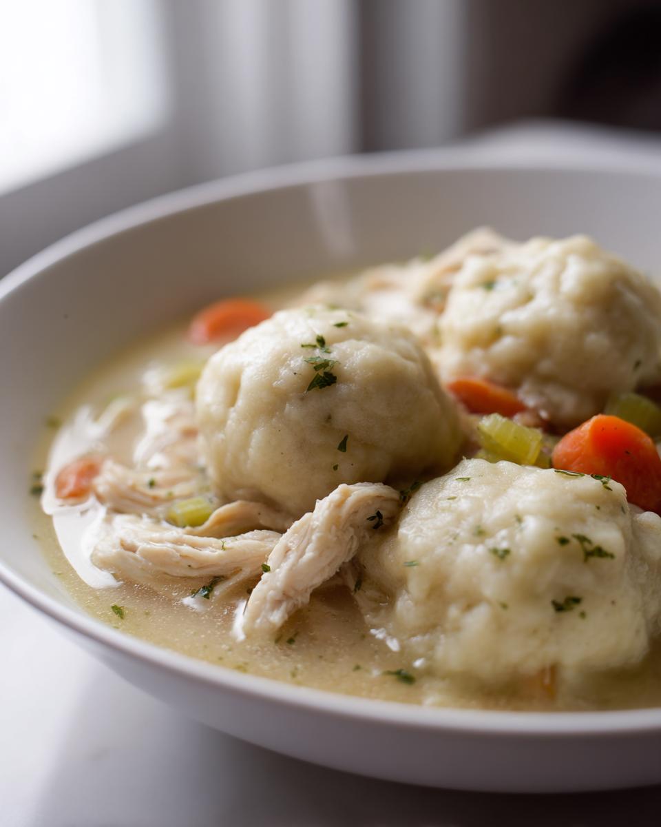 A close-up of a bowl filled with creamy chicken and drop dumplings, shredded chicken, carrots, and celery.