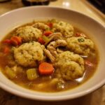 A close-up of a white bowl filled with rich broth, tender shredded chicken, carrots, celery, and fluffy chicken and drop dumplings.