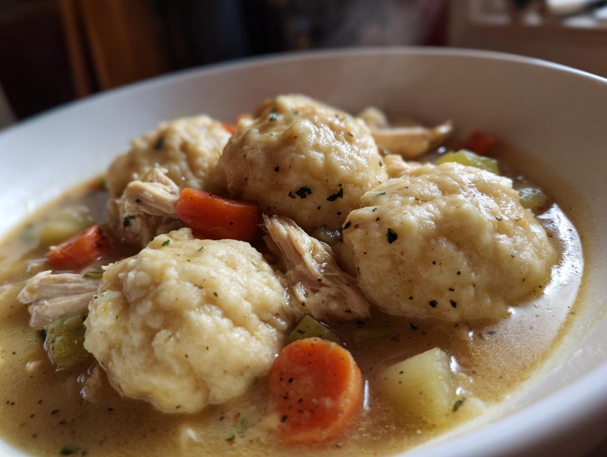 A close-up, appetizing bowl of chicken and drop dumplings stewed with carrots and celery in a savory broth.