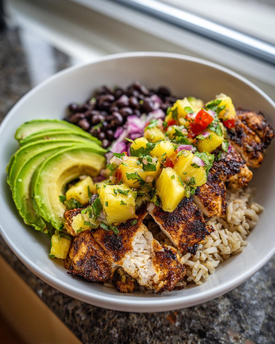 Close-up of a vibrant chicken bowl with pineapple salsa, sliced avocado, black beans, and brown rice.